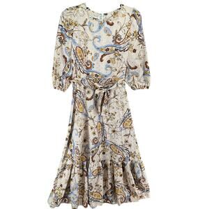 Espresso Midi‎ Dress XS Tan Floral Paisley Square Neck Belted Tiered Euro Summer